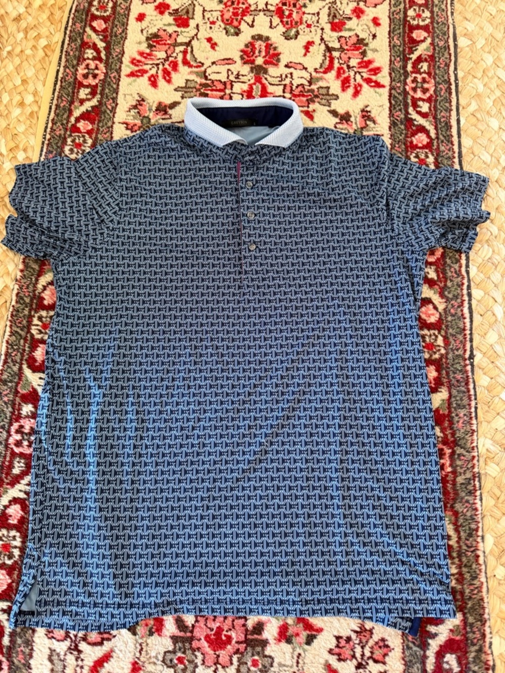 Greyson Navy Geometric Polo with Light Blue Collar